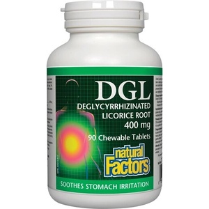 Natural Factors DGL - Deglycyrrhizinated Licorice Root / ДиДжиЕл - Деглициризиран сладник / Женско биле 400 mg х 90 дъвчащи таблетки Natural Factors (4508 NF)