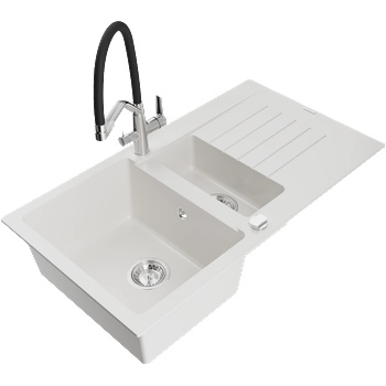 Mexen Matias гранитна мивка с 1, 5 камери с отцедник и кухненски смесител Duo, бял - 6502-20-671701-07 (6502-20-671701-07)