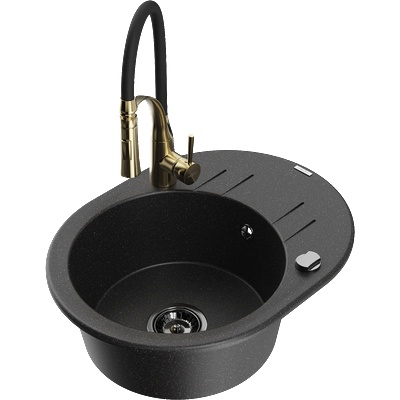 Mexen Kevin гранитна мивка с едно корито с изцедник и кухненски смесител Aster, черен/сребрист металик - 6517-73-73450-57-B (6517-73-73450-57-B)