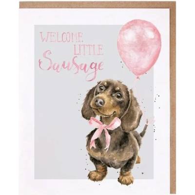 Wrendale Designs Přání k narození dítěte "Little Sausage" - Jezevčík v růžové