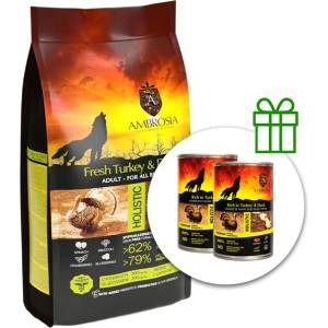 AMBROSIA Adult All Breeds Fresh Turkey & Duck 12 кг + 2 консерви безплатно