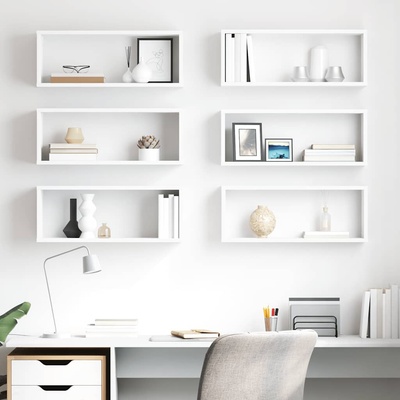 vidaXL Стенни кубични рафтове, 6 бр, бели, 60x15x23см, инженерно дърво (807135)