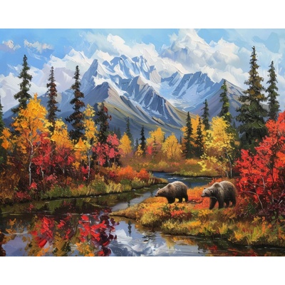 ZUTY Obrazy na stenu - MEDVEĎ PRI RIKE, HORY A JESENNÉ STROMY Rámovanie: bez rámu a bez vypnutia plátna, Rozmer: 40x50 cm
