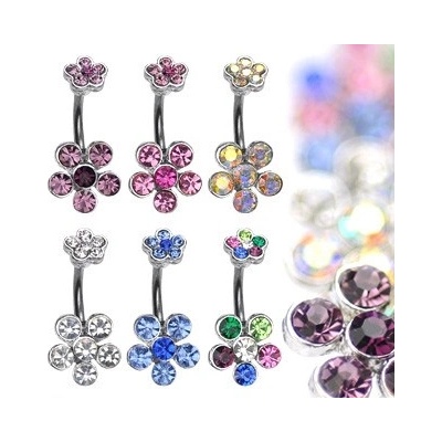 Šperky eshop piercing do bříška z oceli s barevnými zirkonovými květy AA8.27 duhová AB