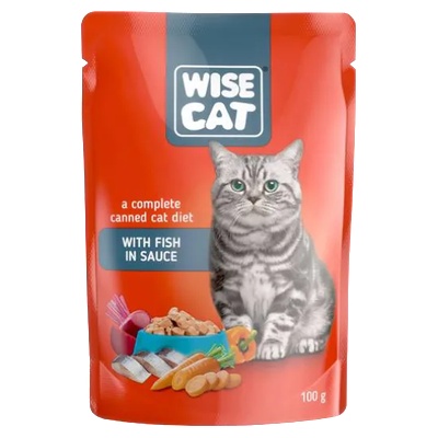 Wise Cat - Пауч за котки, вкусни парченца риба в сос, 24 броя х 100 гр