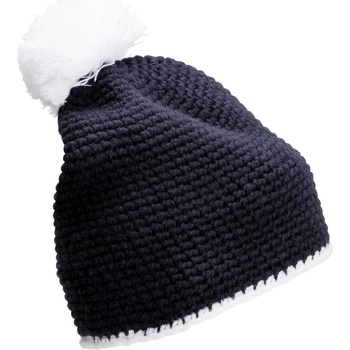 Myrtle Beach MB7964 pletená čepice s kontrastním pruhem a bambulí Tmavě modrá bílá