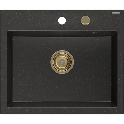 Mexen Oscar гранитна мивка с 1 отделение 580 x 490 mm, черно/златен металик, златен сифон - 6519581000-75-G (6519581000-75-G)