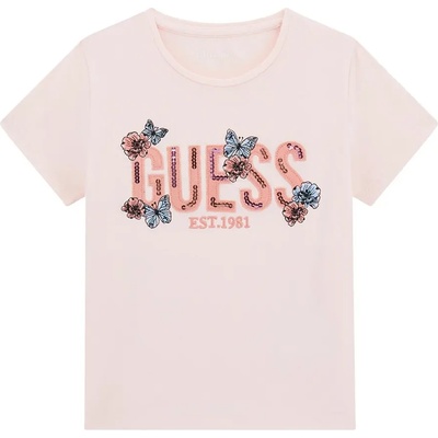 GUESS Розова тениска с розов надпис с пайети и пеперуди Guess за момиче
