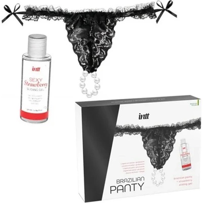 Бельо с перли и лубрикант с вкус на ягода - Black Brazilian Panty & Gel (INTT000035)