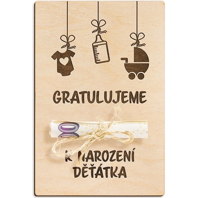 Dřevěná dárková karta na peníze - Gratulujeme k narození děťátka
