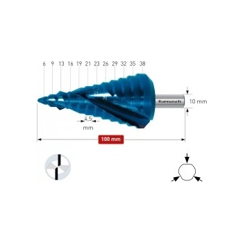 Karnasch Стъпално свредло Ø 6-38 mm (x 4, 5 mm), HSS-XE Blue-Dur, 2x спирален канал (201470)