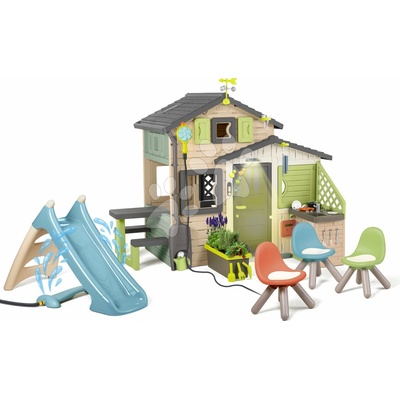 Smoby Domček Priateľov s posedením pri šmykľavke s vodnou hrou Friends Evo Playhouse Life rozšíriteľný v natur hnedých farbách