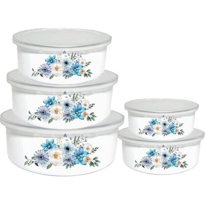 Комплект кутии за съхранение+капаци, 5 части, въглеродна стомана, Сини цветя (1212blue5)