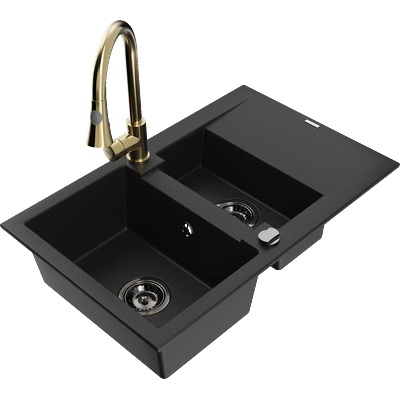 Mexen Gaspar гранитна мивка 1, 5-камерна с отцедник и кухненски смесител Elia, черен - 6507-77-670101-50-B (6507-77-670101-50-B)