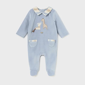 Mayoral Гащеризон плюш с контрастна яка и животинки за новородено момче в син цвят Майорал