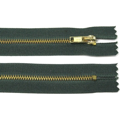 Kovový zip no.3 nerozepínací 14cm tmavě zelený (zlaté zoubky)