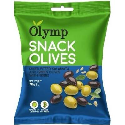 OLYMP Olivový snack Mix Kalamata tmavé a zelené olivy bylinky konzervované a sterilizované potraviny 70 g