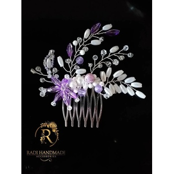 Image 1 of Radi handmade Гребенче за коса с бели перли и лилави кристали (435)