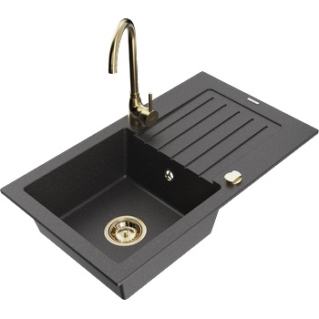 Mexen Pablo мивка от гранит 1-камерна с отцедник и кухненски смесител Telma, черно на капки - 6510-76-670200-50 (6510-76-670200-50)