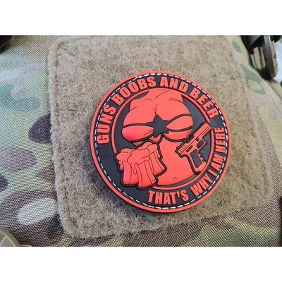 JACKETS TO GO Nášivka GUNS BOOBS AND BEER velcro plast ČERNÁ/ČERVENÁ