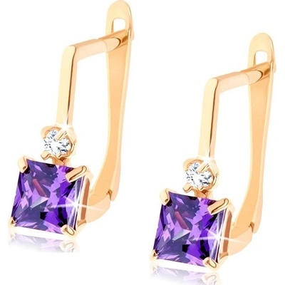 Šperky Eshop Náušnice ze žlutého 14K zlata zirkonek čiré , fialový zirkonový čtverec S2GG94.03