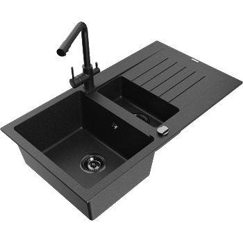 Mexen Matias гранитна мивка с 1, 5 камери, с отцедник и кухненски смесител Duero, черен/сребърен - 6502-73-671600-70-B (6502-73-671600-70-B)