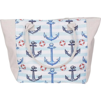 Плажна чанта на райе в синьо и бяло с котви