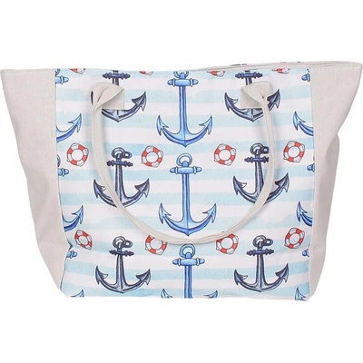 Плажна чанта на райе в синьо и бяло с котви