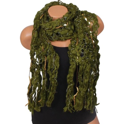 Моден дамски шал в тъмнозелено със златисти ресни