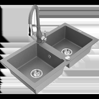 Mario гранитна мивка с две корита с кухненски смесител Savita, сив - 6504-71-672601-71 (6504-71-672601-71)