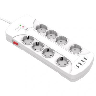 Well Разклонител Well със защита, 8 гнезда, 4 USB порта, 3 м, Кабел 3 x 1, 5 мм, Бял (EXTS-8S3M-PROT/USB4-WL)