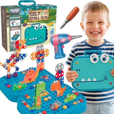 Woopie sada malého kutila 3D stavebnice dino se šroubky a vrtačkou v kufříku