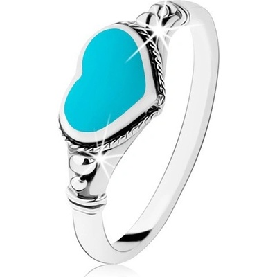 Šperky Eshop Stříbrný prsten patinovaný srdíčko v tyrkysové barvě kuličky HH5.16