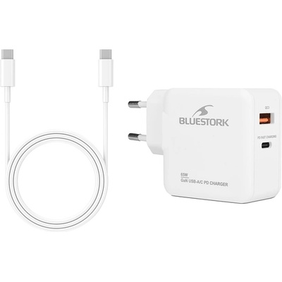 Bluestork Мрежово зарядно устройство Bluestork - PW-BS-65-GAN-C-A-W (USB-C, USB-A, 65 W, 1, 8 м кабел, бързо зареждане, бяло) (PW-BS-65-GAN-C-A-W)