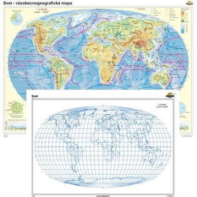 Cartographia Svet - všeobecnogeografická mapa + slepá mapa DUO (140 x 100 cm – 1:27000000), nástenná, fóliovaná, lištovaná
