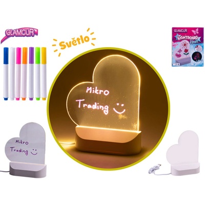 Mikro trading Glamour Tabulka ve tvaru srdce -16 cm na USB svítící s fixami 7 ks