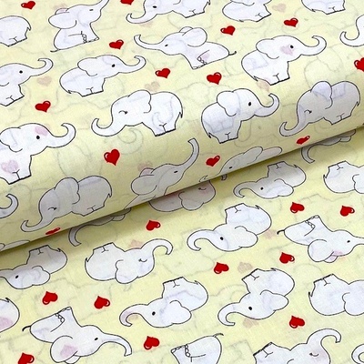 Bavlněné plátno P0692 vanilkové, slůňata se srdíčky, š.140