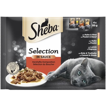 Sheba Selection in sauce - паучове за котки микс с пуешко, пилешко, агнешко, говеждо 4 x 85гр