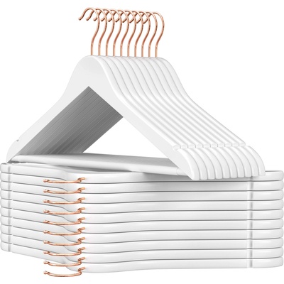 SONGMICS wooden clothes hangers, set of 20, solid wood hangers, notches in the shoulder area, non-slip trouser bar, 360° rotating hook, for suits, shirts, white-rose gold CRW001W01