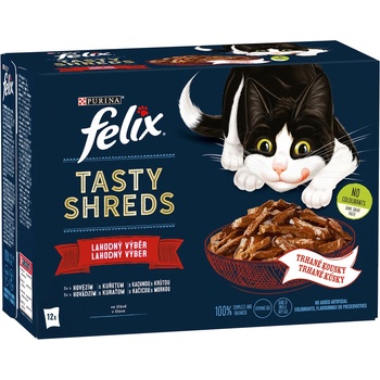 Felix Tasty Shreds hovädzie kura kačka a morka v šťave 12 x 80 g