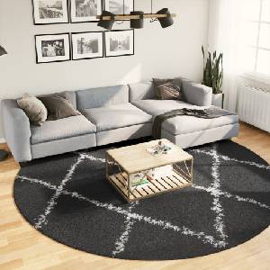 vidaXL Шаги килим с дълъг косъм "PAMPLONA", черно-кремав, Ø 280 см (375425)