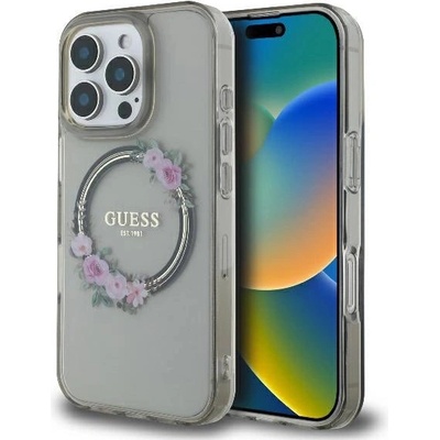 GUESS Калъф Guess IML Flowers Wreath MagSafe за iPhone 16 Pro - черен (3666339346362)