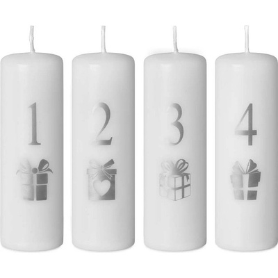 Emocio adventní 40x120 bílé barvy se stříbrným potiskem čísel a dárků 4 x 125 g