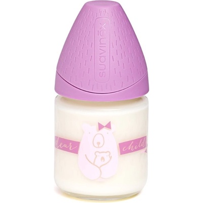 Suavinex Meaningful Life láhev skleněná anatomická savička fialová méďa 110ml