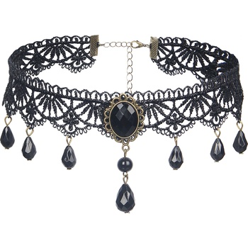 SuperLove Vintage Lace Gemstone Bead Pendant Choker Black