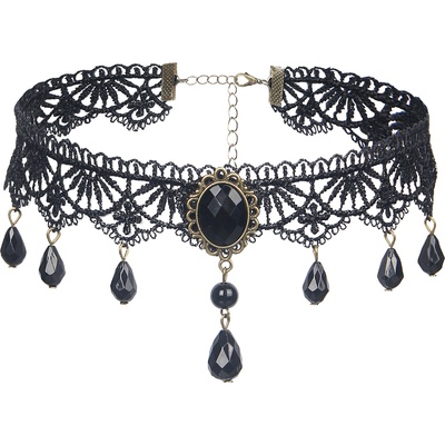 SuperLove Vintage Lace Gemstone Bead Pendant Choker Black