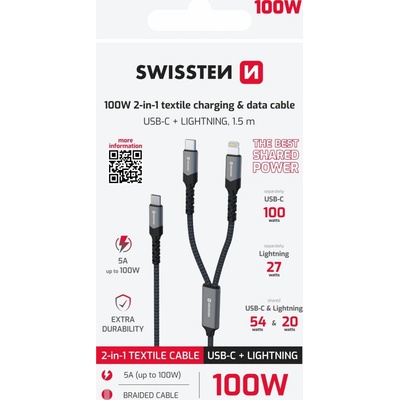 Swissten 72501202 nabíjací 2 v 1 USB-C/USB-C + Lightning 100W 1,5m černý