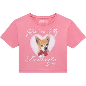GUESS Къса цикламена тениска за момиче с кученце и бродиран надпис Guess