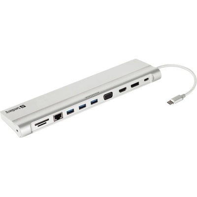 Sandberg Докинг станция Sandberg 136-23, от USB C към 1x USB C(PD), 3x USB A, 1x DisplayPort, 1x HDMI, 1x VGA, 1x RJ45, 1x SD/MicroSD четец, 1x AUX, бяла (136-23)