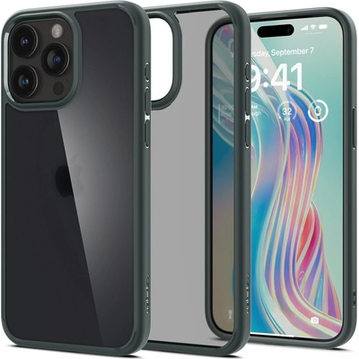 Spigen Кейс Spigen Ultra Hybrid за iPhone 15 Pro Max, прозрачен, със зелена рамка (8809896749183)